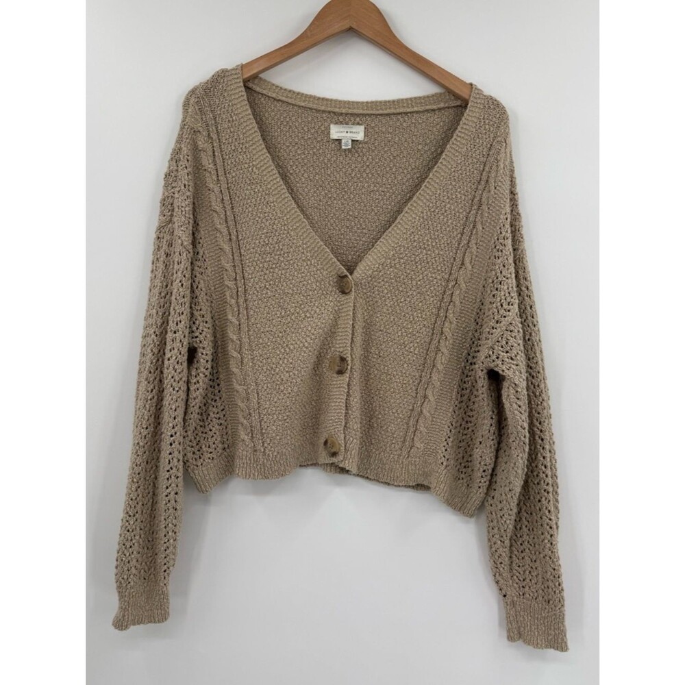 Lucky Brand Cropped Cable Knit V-Neck Cardigan | Tan | Large